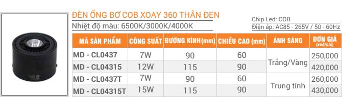 Giá bán đèn ống bơ COB xoay 360 độ vỏ đen